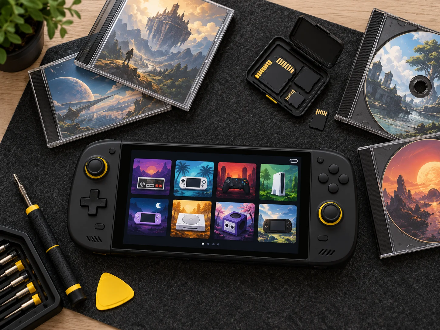 Карта памяти и консоль Odin с сеткой эмуляторов на экране