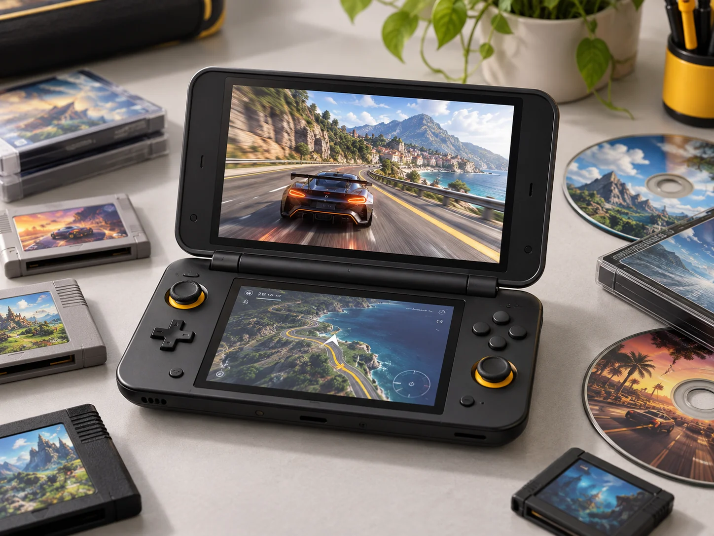 Консоль-раскладушка с 3D-игрой на верхнем экране рядом со списком платформ