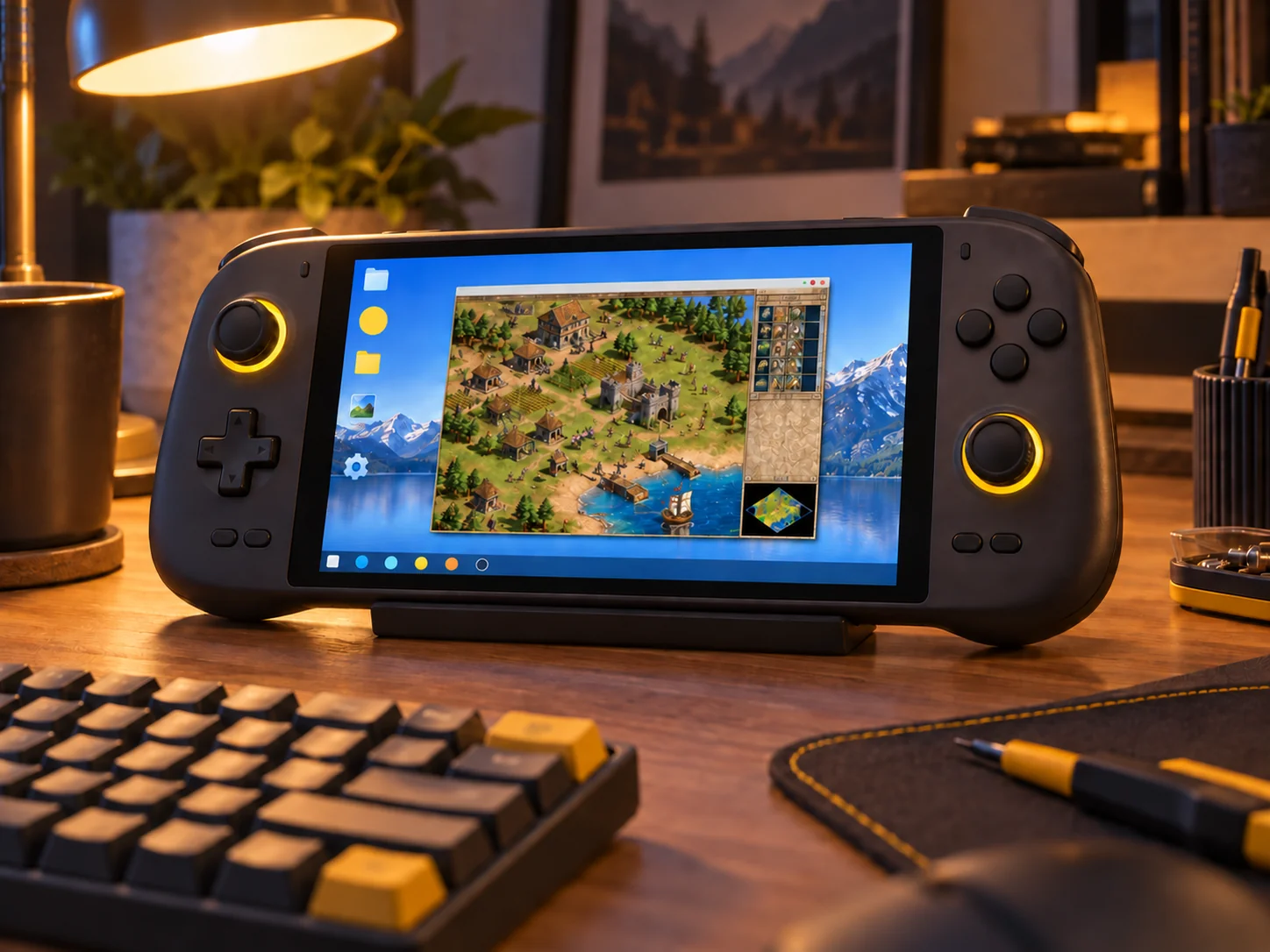Портативная консоль с ПК-игрой и рабочим столом Windows в окне эмулятора
